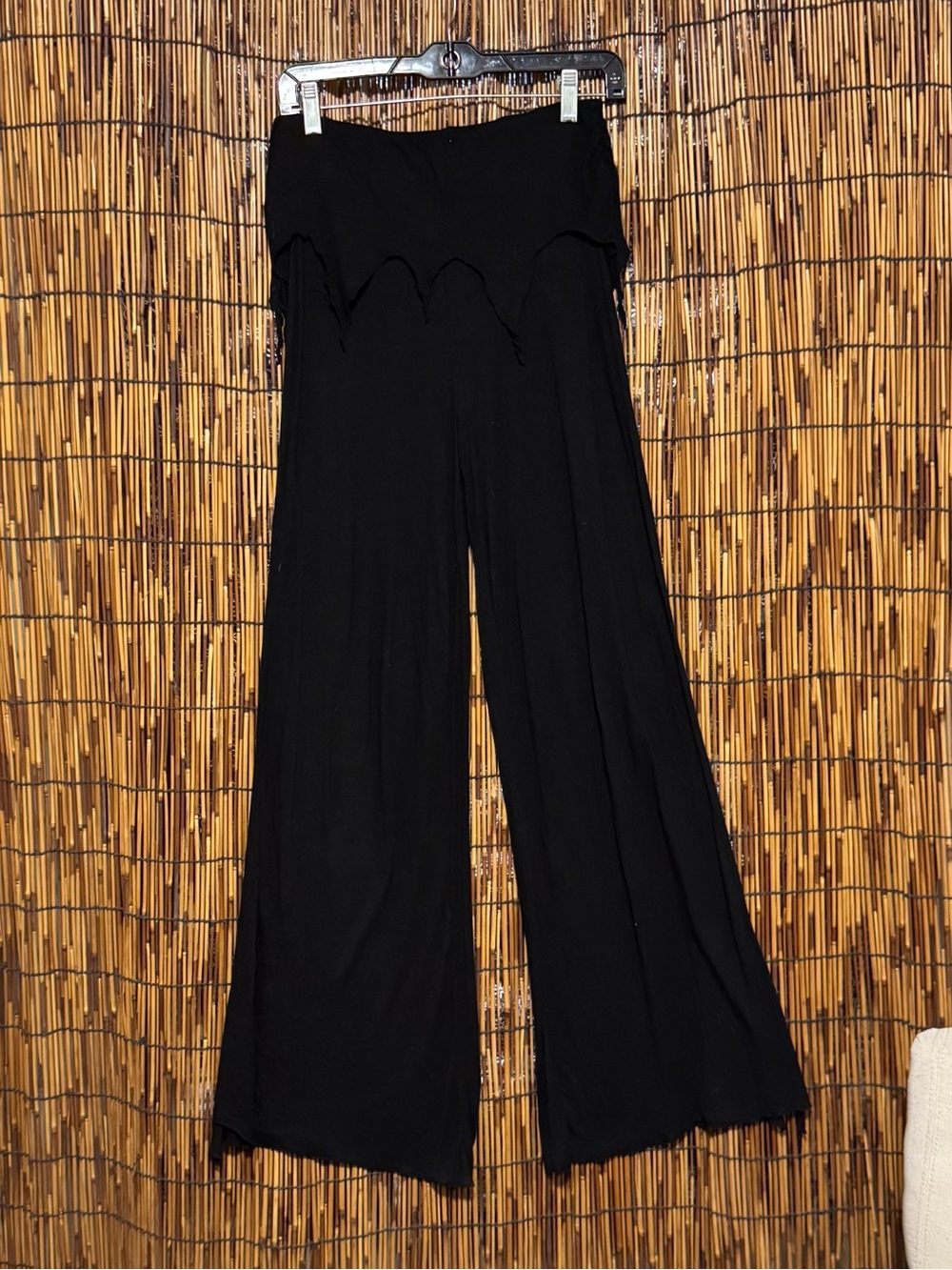 Black Wide-Leg Foldover Waist Pants with Fringe Detail